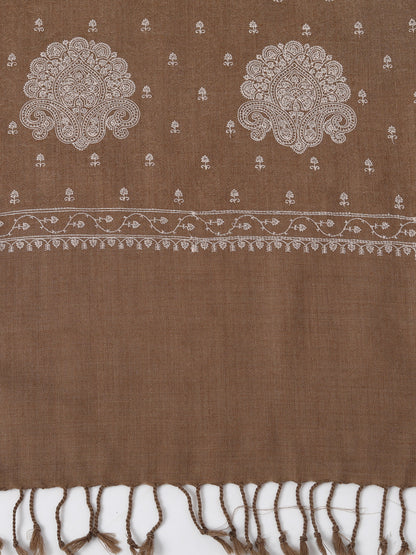 Fine Sozni Embroidery Kashmiri Wool Stole | Brown - Zamour