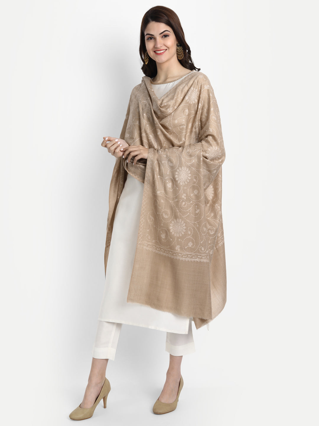 Fine Sozni Jaal Embroidery Kashmiri Wool Shawl | Beige - Zamour