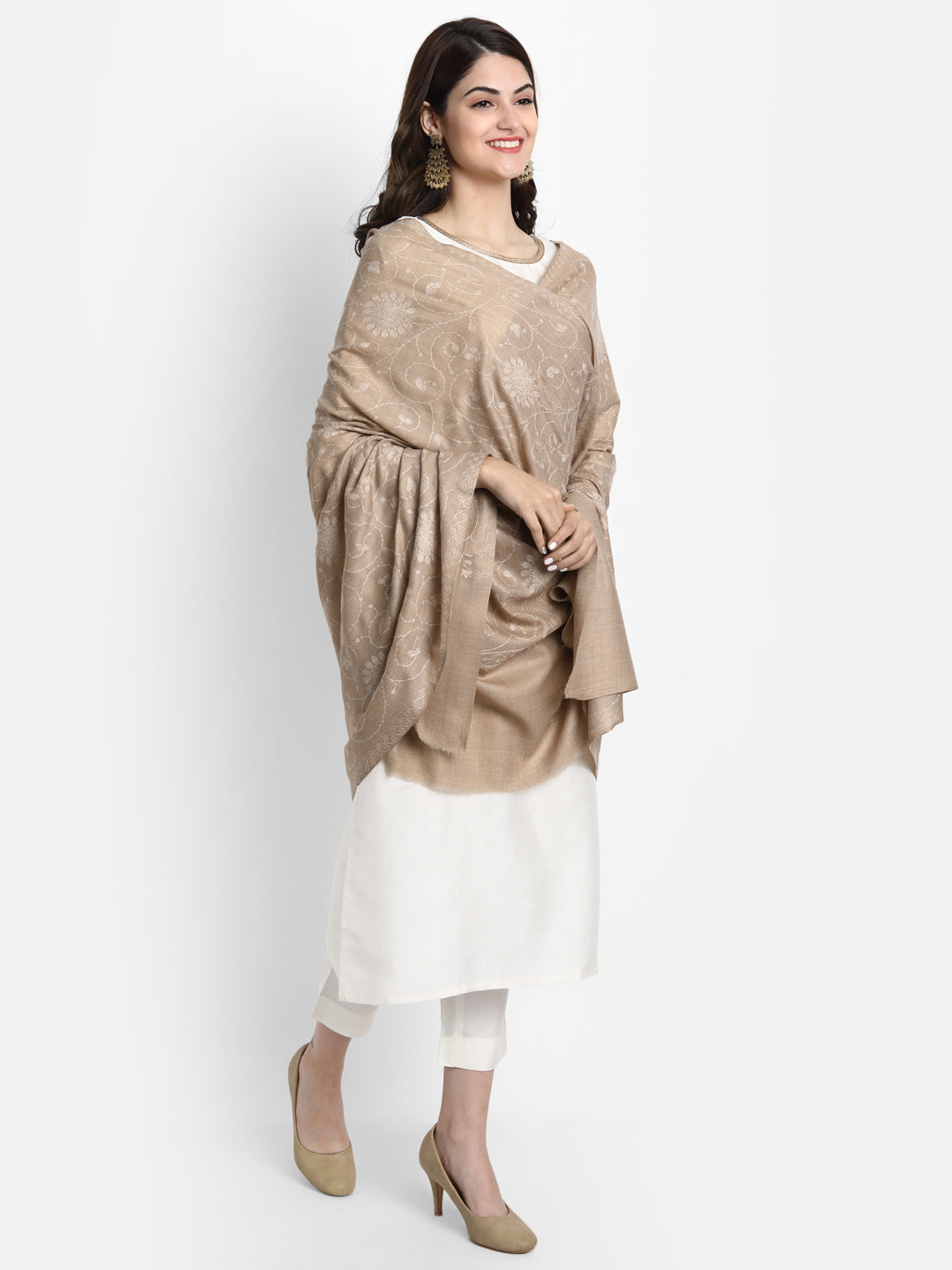 Fine Sozni Jaal Embroidery Kashmiri Wool Shawl | Beige - Zamour