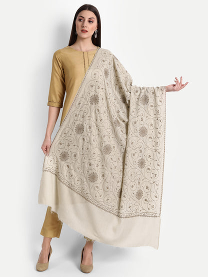 Fine Sozni Jaal Embroidery Kashmiri Wool Shawl | Creame - Zamour