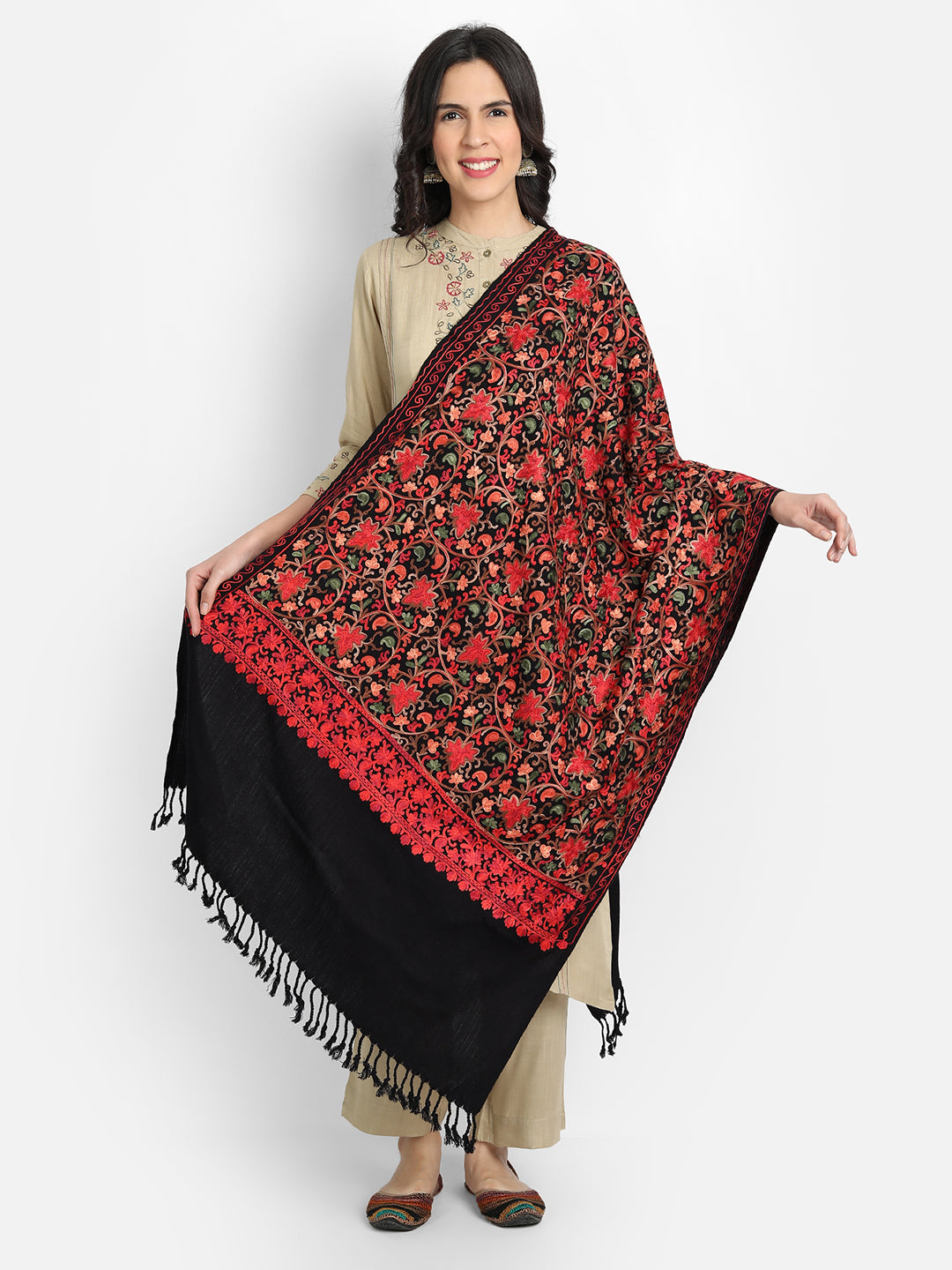 Kashmiri Aari Embroidered Woollen Stole | Black - Zamour