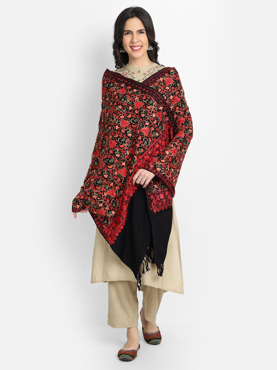 Kashmiri Aari Embroidered Woollen Stole | Black - Zamour