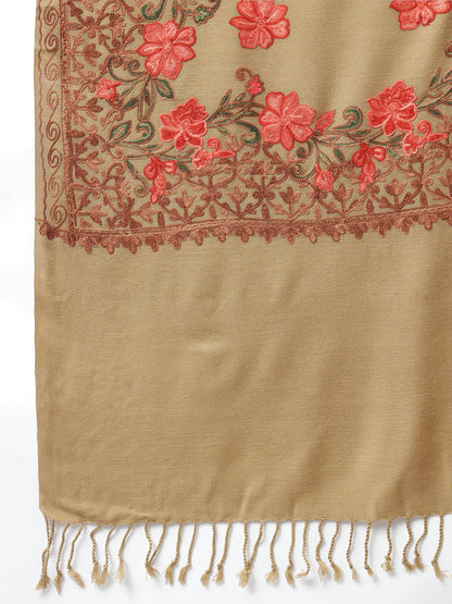 Kashmiri Aari Embroidery Woollen Stole | Brown - Zamour