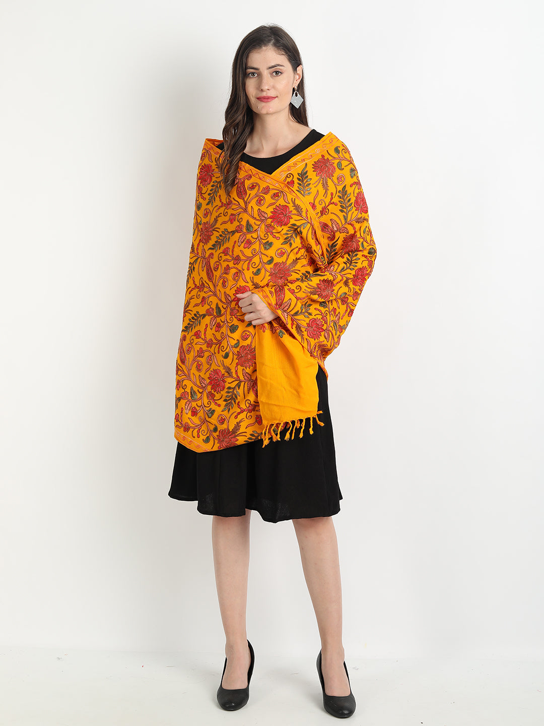 Kashmiri Aari Embroidery Woollen Stole | Yellow - Zamour