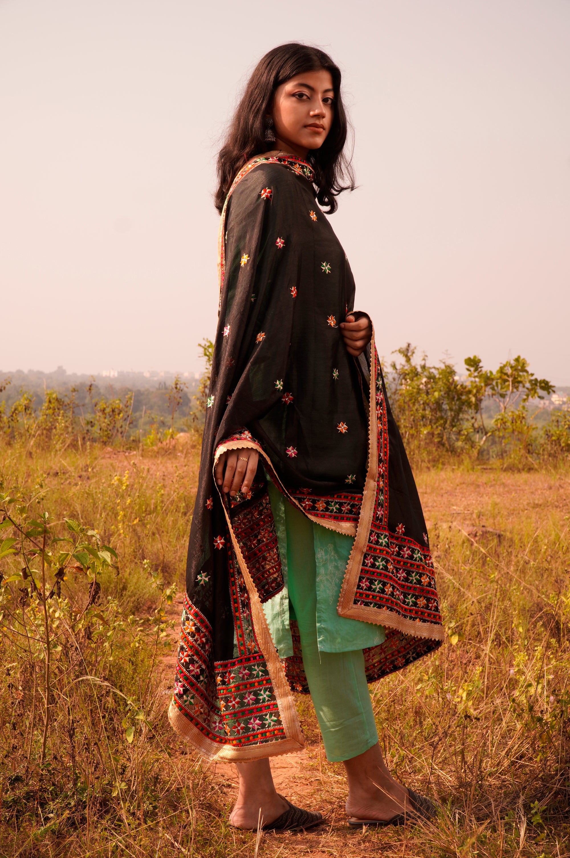 Black punjabi suit top with phulkari