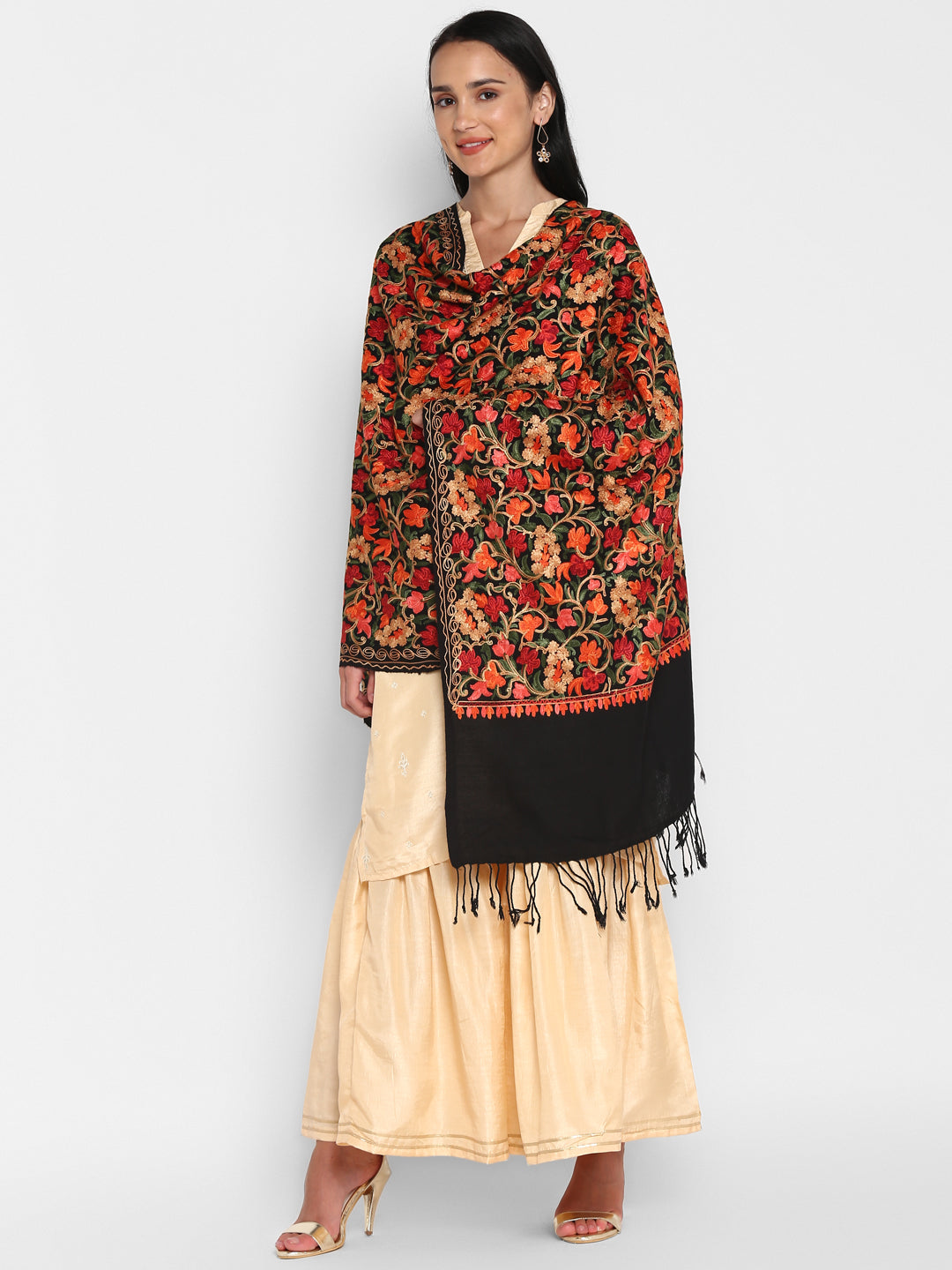 Kashmiri Aari Embroidery Woollen Stole | Black - Zamour