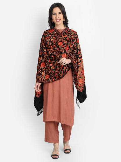 Kashmiri Aari Embroidery Woollen Stole | Black - Zamour