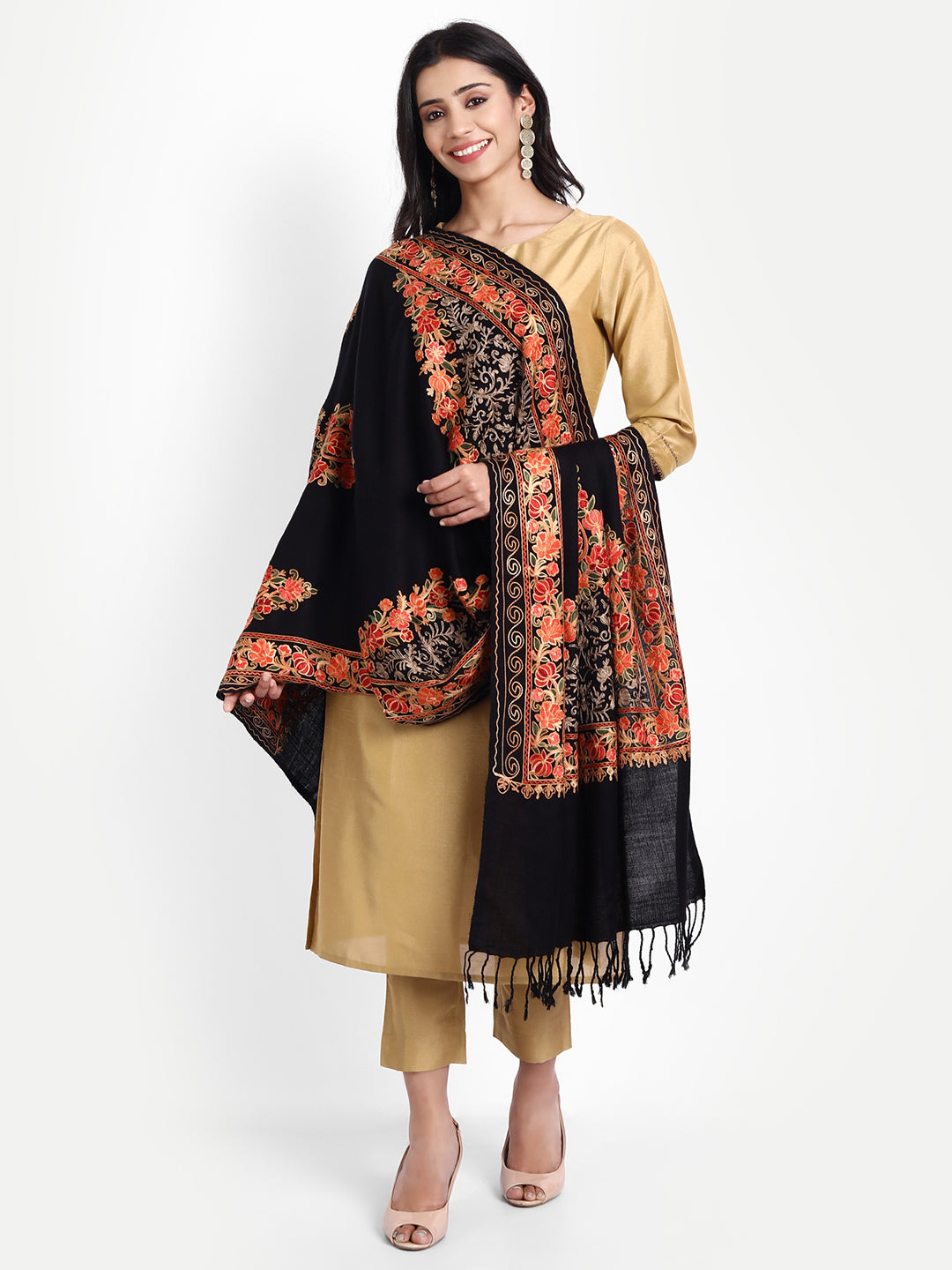 Kashmiri Aari Embroidery Woollen Stole | Black - Zamour