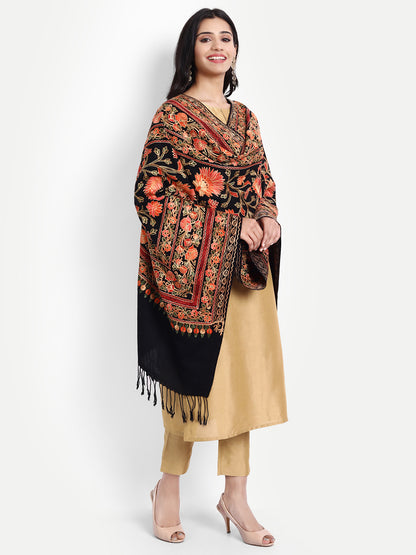 Kashmiri Aari Embroidery Woollen Stole | Black - Zamour