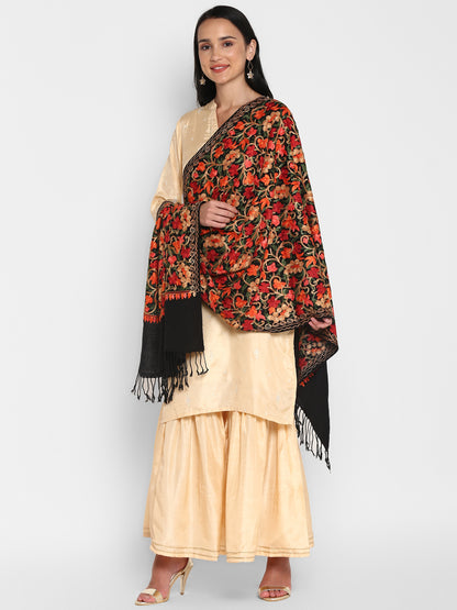 Kashmiri Aari Embroidery Woollen Stole | Black - Zamour