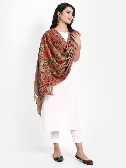 Kashmiri Aari Embroidery Woollen Stole | Brown - Zamour