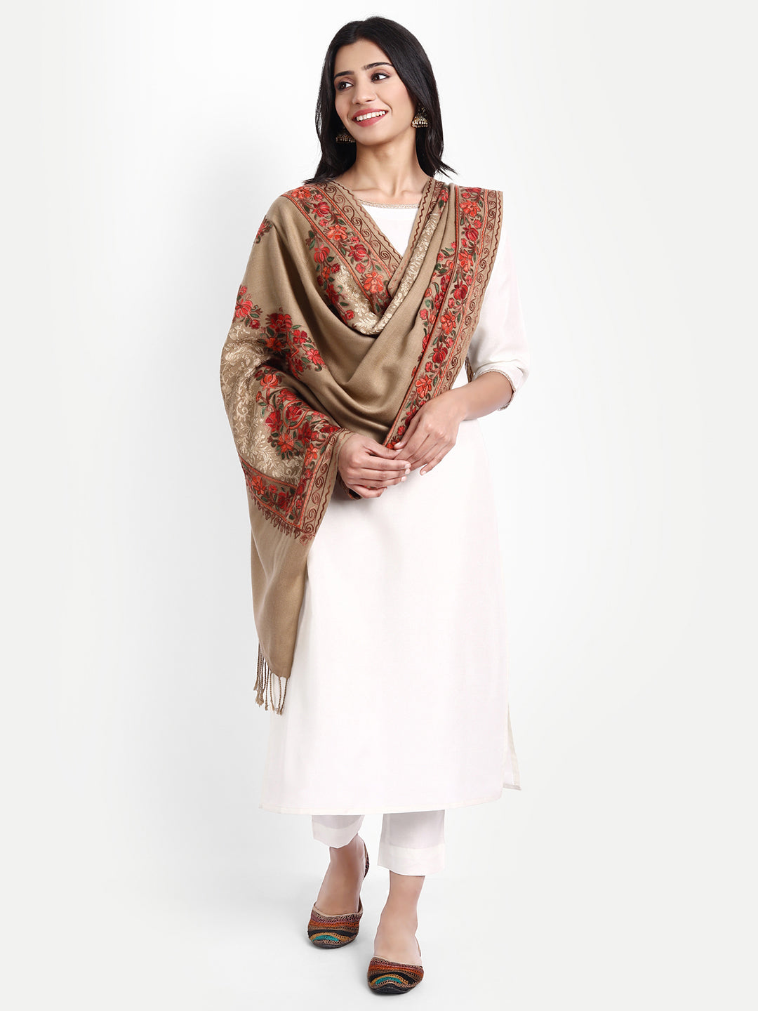 Kashmiri Aari Embroidery Woollen Stole | Brown - Zamour