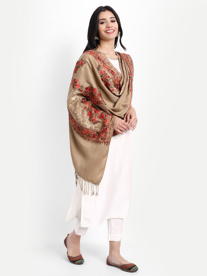 Kashmiri Aari Embroidery Woollen Stole | Brown - Zamour