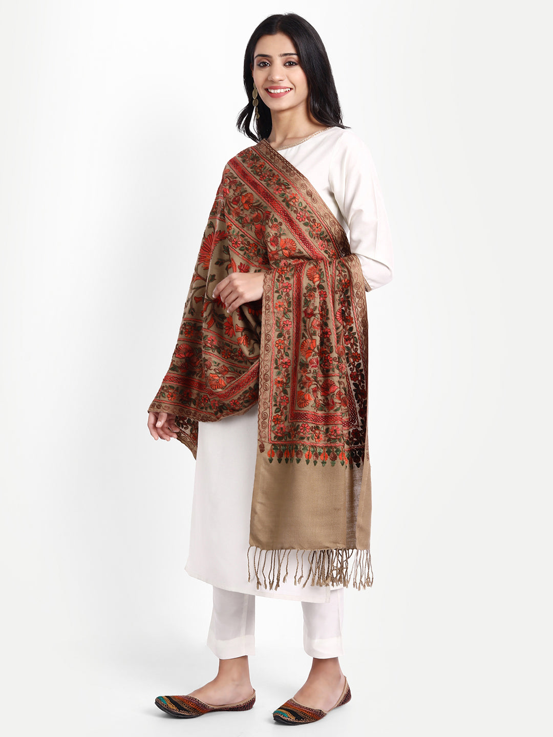 Kashmiri Aari Embroidery Woollen Stole | Brown - Zamour