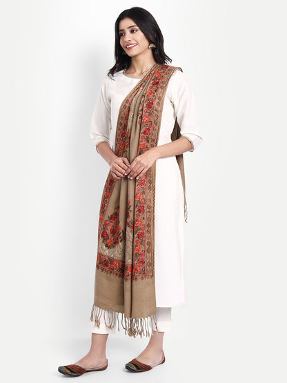 Kashmiri Aari Embroidery Woollen Stole | Brown - Zamour