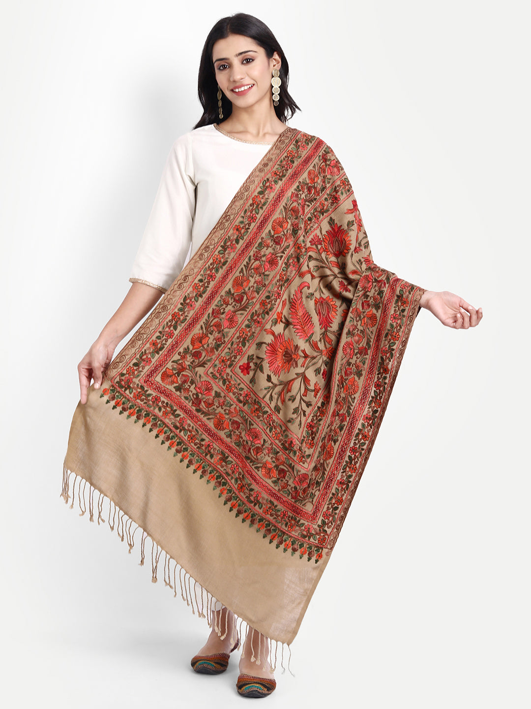 Kashmiri Aari Embroidery Woollen Stole | Brown - Zamour