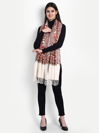 Kashmiri Aari Embroidery Woollen Stole | White - Zamour