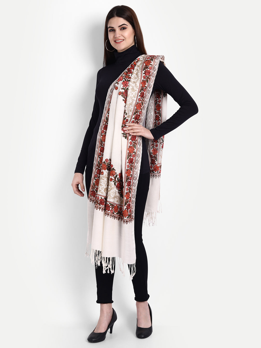 Kashmiri Aari Embroidery Woollen Stole | White - Zamour