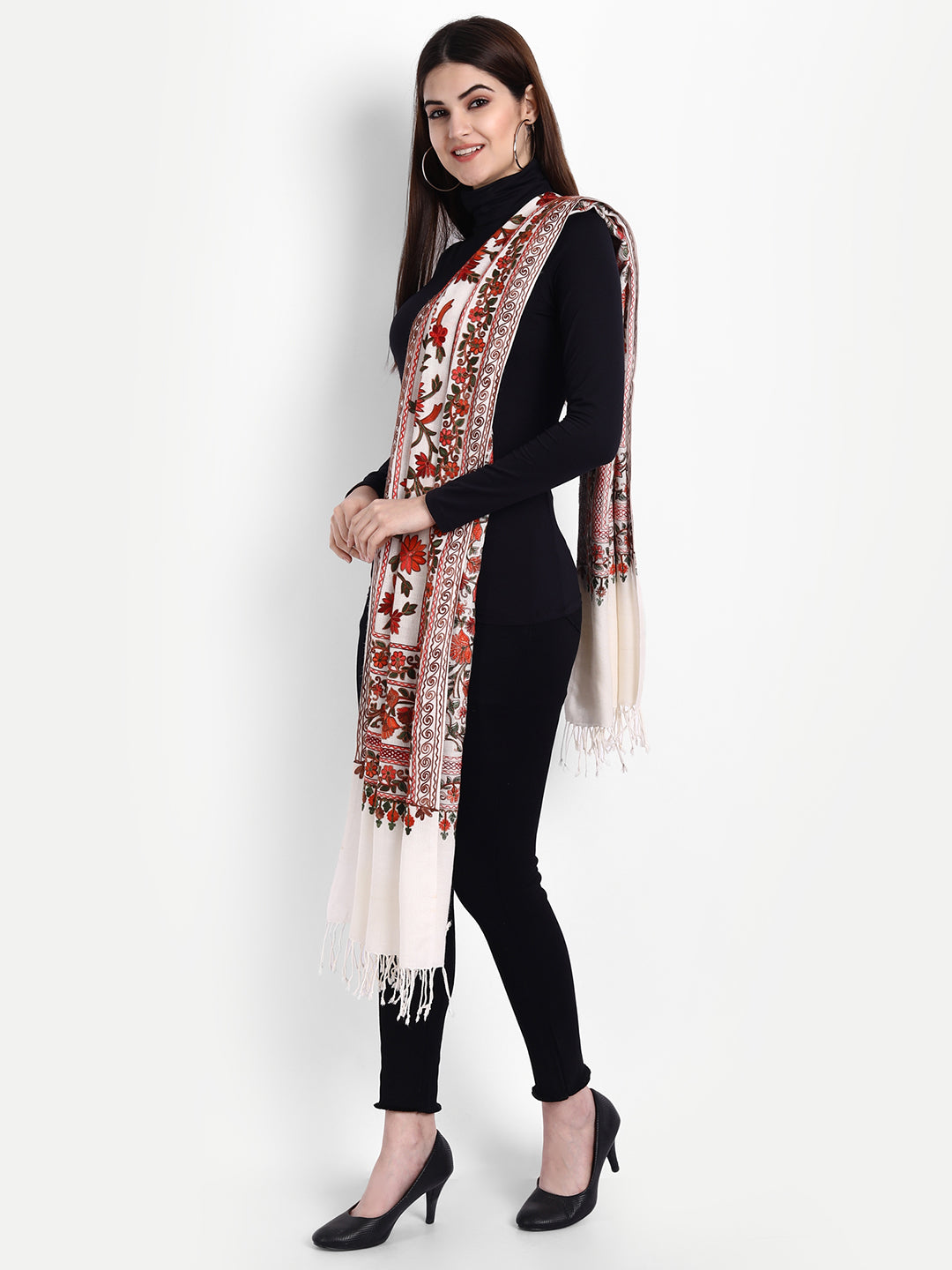 Kashmiri Aari Embroidery Woollen Stole | White - Zamour