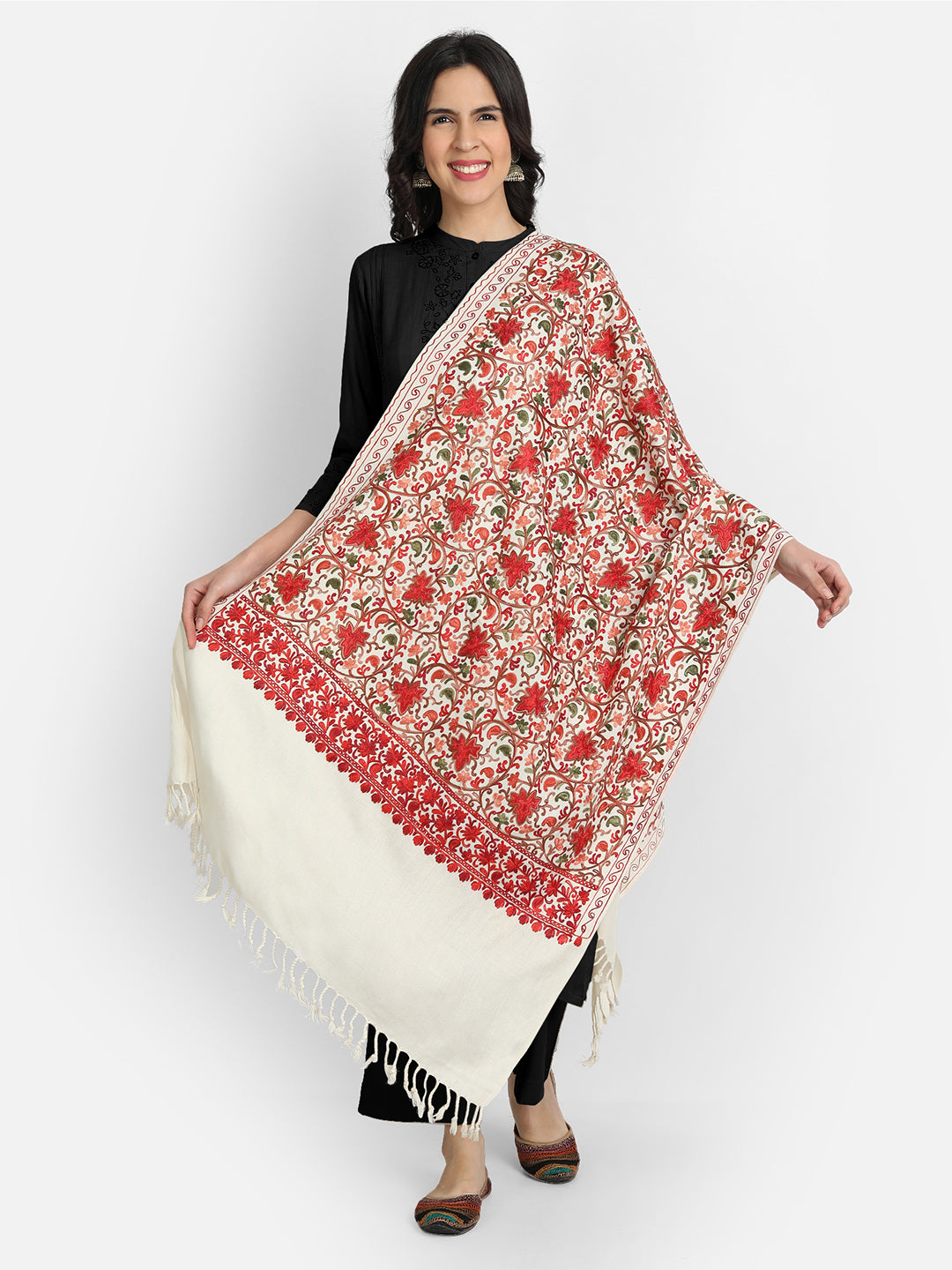 Kashmiri Aari Embroidered Woollen Stole | Off White - Zamour