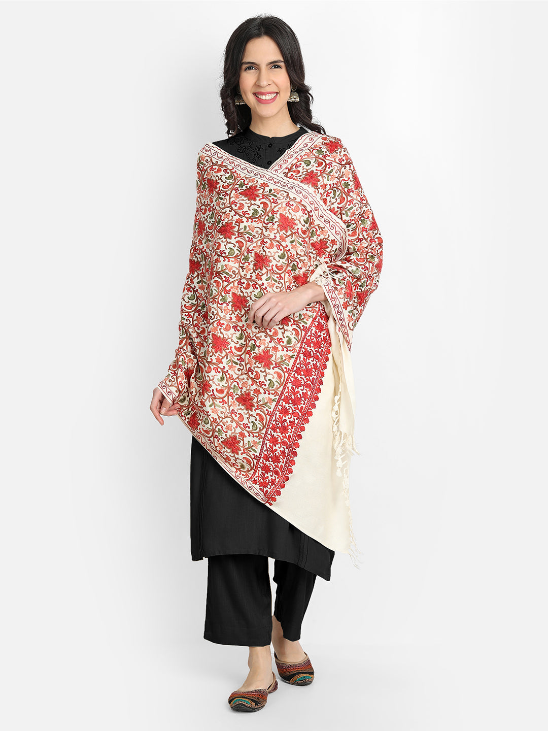 Kashmiri Aari Embroidered Woollen Stole | Off White - Zamour